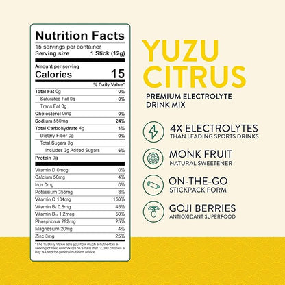 Yuzu Citrus Electrolytes Powder Packets – Electrolyte Drink Mixes with Vitamins C, B6, B12 – 1270mg Electrolytes + Goji Berry – 15 On-The-Go Hydration Powder Packets – Low Sugar, Monk Fruit Sweetened
