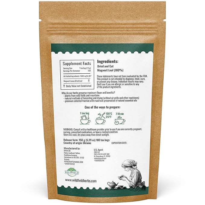 100 Bags Dried Mugwort Tea Mugwort Herb Dried Tea (Dried Artemisia Vulgaris Herb) - 100 Count 1.5g Bags Artemisa