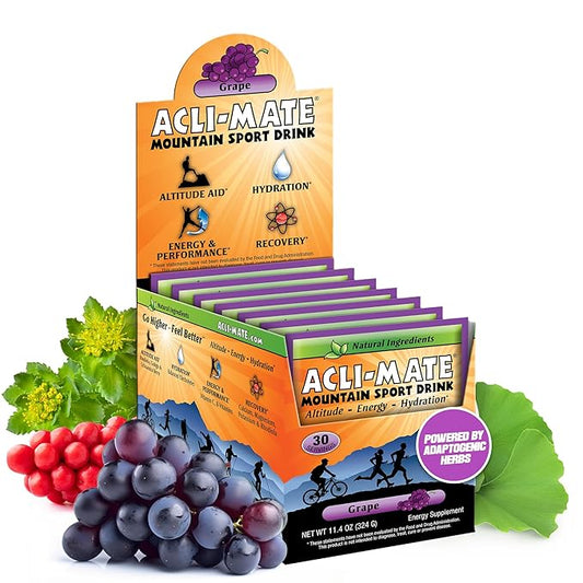 Acli-Mate Mountain Sport Drink Mix - Energy Powder Supplement - High Altitude Acclimatization Hydration - Recovery Drink for Running, Cycling, Hiking, Workout, Skiing, Travel & More (30 CT, Grape)