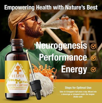 Vesper Gold Metal Mushroom Liquid Extract - Cordyceps & Lion’s Mane Blend with Wild Huckleberries for Neurogenesis, Performance, and Energy, USA-Grown, for Focus & Endurance – 4oz