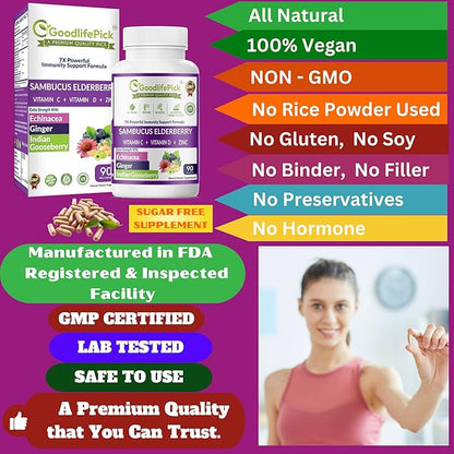7X Elderberry with ZINC, Vitamin C, Vitamin D, Echinacea, Ginger & Indian Gooseberry (Amla).Premium Elderberry Capsules 90 ct, All Natural,Vegan,Non-GMO, No Rice Powder, No-Gluten, No Sugar