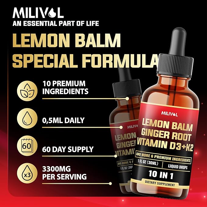 10in1 Lemon Balm Tincture - 3300mg Lemon Balm Leaf Extract Liquid Drops with Ginger Root, Turmeric Liquid, Ceylon Cinnamon, Vitamin D3, K2-1Fl Oz - 60 Servings