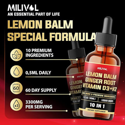 10in1 Lemon Balm Tincture - 3300mg Lemon Balm Leaf Extract Liquid Drops with Ginger Root, Turmeric Liquid, Ceylon Cinnamon, Vitamin D3, K2-1Fl Oz - 60 Servings