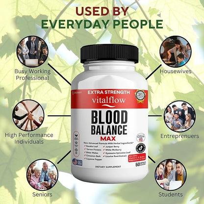 VitalFlow Blood Balance Max | Advanced Herbal Formula with Banaba Leaf, Juniper Berry, Bitter Melon & More | Vegan, Gluten-Free, Non-GMO | 60 Capsules, 60-Day Supply | Made in USA (3)