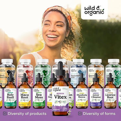 Wild & Organic Vitex Tincture - Vitex Chasteberry Supplement for Women - Liquid Chaste Tree Supplement for Mood Support - Vegan, Sugar & Alcohol-Free Berry Extract Drops - 2 fl oz
