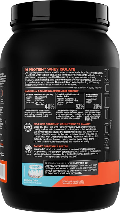 Rule 1 R1 Protein Whey Isolate - With 25g Protein & 6g BCAA Exclusively from Isolated & Hydrolyzed Sources for Workout Recovery (2 Pounds*, Birthday Cake)