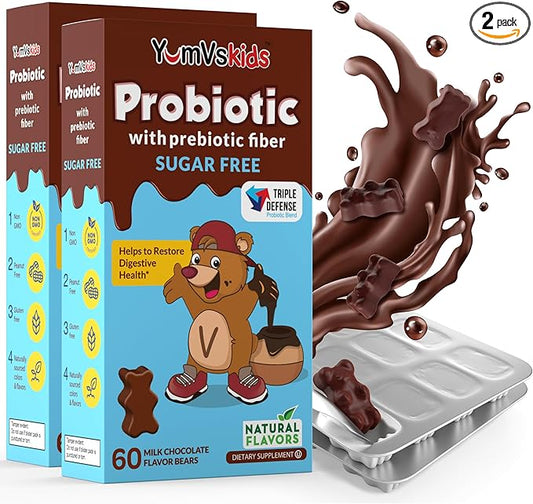 YUM-V'S Probiotic & Prebiotic Kids Sugar-Free Chocolate Chewable Fiber Supplement for Digestive Health (Toddlers, Kids & Teens) – 60 Chewables (2-Pack)