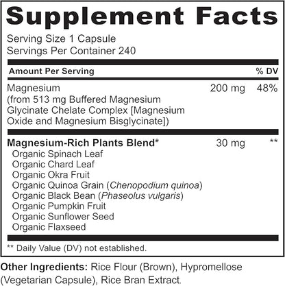 NATURELO Magnesium Glycinate Chelate Complex - 200 mg Magnesium with Organic Vegetables to Support Sleep, Calm, Muscle Cramp & Stress Relief - Gluten Free, Non GMO - 240 Capsules