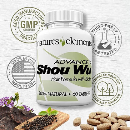 Natures Elements Advanced Shou Wu for Gray Hair – Prepared He Shou Wu for Hair Growth with Biotin, Bioperine, Fo-Ti Root & More – 100% Natural – 60 Tablets – Pack of 3 - Non-GMO, Gluten-Free