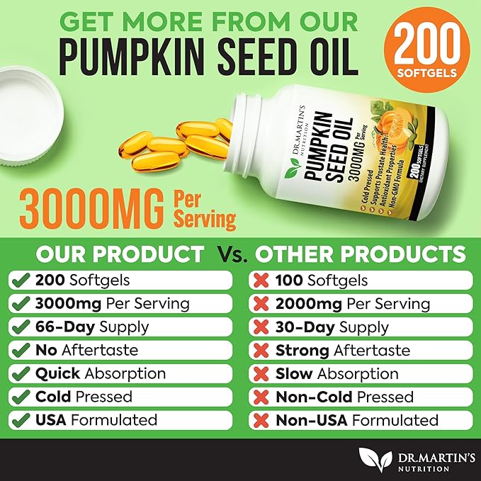 3000mg Cold Pressed Pumpkin Seed Oil | DHT Blocker | Promotes Hair Growth | Supports Heart, Skin, Prostate & Urinary Health | Contains Vitamins, Minerals & Omega 3, 6 & 9 For Anti-Aging | 200 Softgels