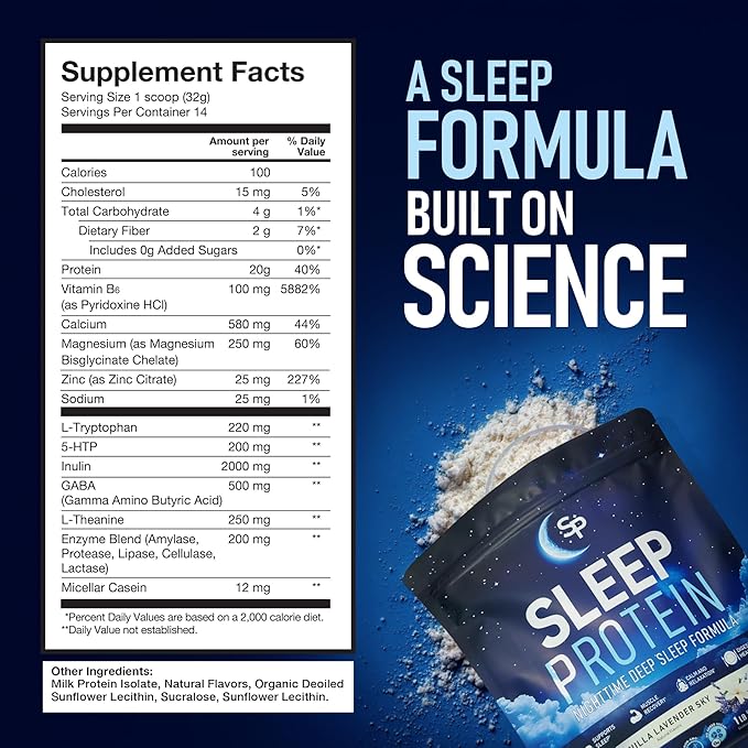 Sleep Protein™ Nighttime Sleep Drink, Melatonin-Free Sleep Aid, with 20g Milk Protein Isolate, Magnesium, GABA, L-Theanine, L-Tryptophan & 5-HTP, Vanilla Lavender, Calming Sleep + Muscle Recovery