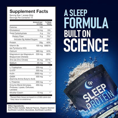 Sleep Protein™ Nighttime Sleep Drink, Melatonin-Free Sleep Aid, with 20g Milk Protein Isolate, Magnesium, GABA, L-Theanine, L-Tryptophan & 5-HTP, Vanilla Lavender, Calming Sleep + Muscle Recovery