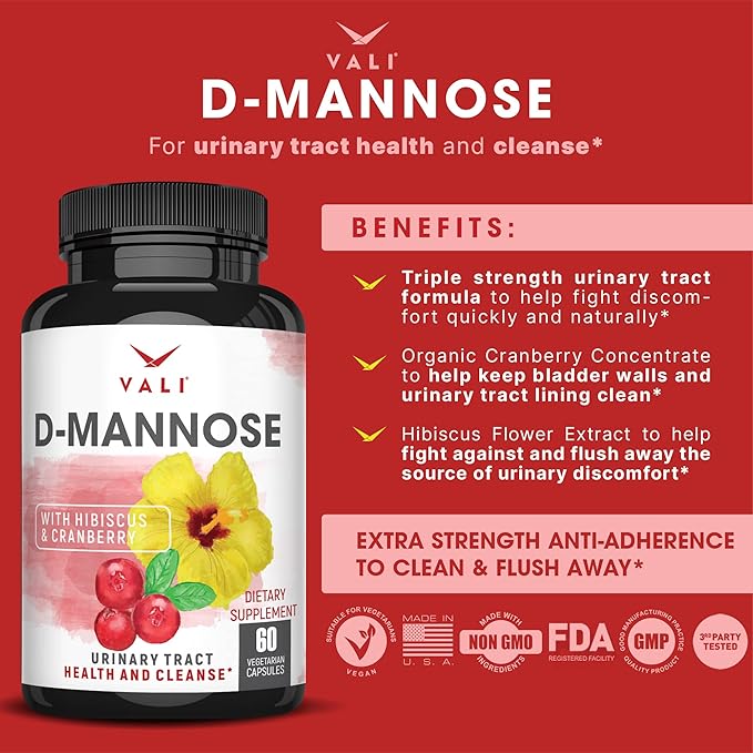 VALI D-Mannose 1000mg Urinary Tract Health Formula. Organic Cranberry Fruit Powder & Hibiscus. Healthy Bladder, Natural Cleanse, Fast Detox Flush, Herbal UT Function Support Pills. 60 Veggie Capsules