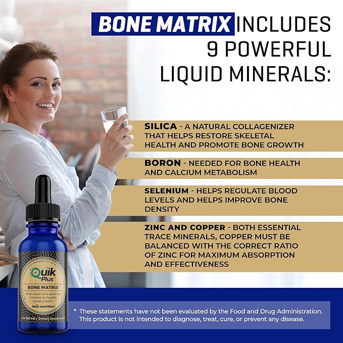 QuikPlus Bone Matrix with Calcium, Magnesium, Zinc, and Potassium - Includes 9 Ionic Liquid Minerals, Collagenizer for Bone and Teeth Support, Vegan, Gluten-Free, All Natural (2 Oz)