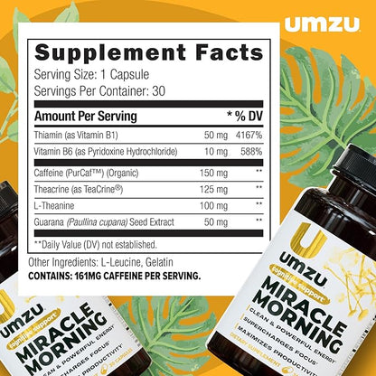UMZU Miracle Morning Energy Supplement with Caffeine & Energy Enhancers | 150mg of Caffeine Supports All Day Focus, Productivity & Mood (30 Day Supply | 30 Capsules)