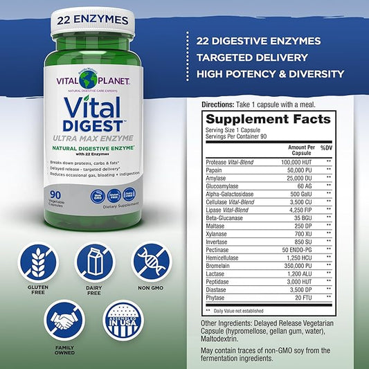 Vital Planet – Vital Digest Natural Digestive Enzymes Supports Breakdown of Proteins, Fats, and Carbohydrates and Reduces Occasional Gas, Bloating and Indigestion 90 Capsules (Packaging May Vary)