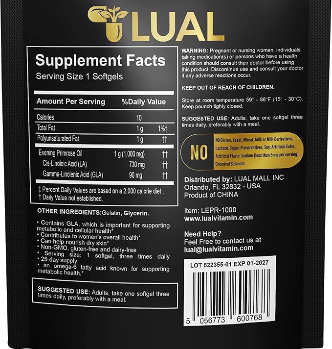 Women's Health Evening Primrose Oil Softgels | Omega-6 Fatty Acid for Women's Health | Lual Evening Primrose Oil Capsules 1000mg 75 Count