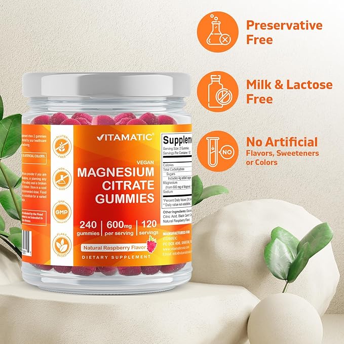 Vitamatic Magnesium Citrate Gummies 600mg per Serving - 240 Vegan Gummies - Natural Raspberry Flavor - High Absorption Magnesium Supplement - Supports Nerve, Bone and Muscle Health