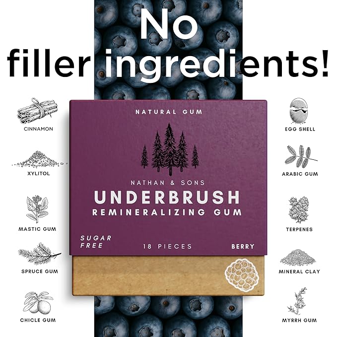 UnderBrush Berry Chewing Gum – Sugar-Free Xylitol Gum with Hydroxyapatite – No Gluten, Sugar, Aspartame and Sucralose - Tree Sap Chewing Base – 4 Pack