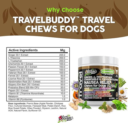 Travel Chews Nausea Relief for Dogs | Ginger L-Tryptophan Chamomile Passion Flower L-Theanine Peppermint Valerian Root Fennel Licorice Root Marshmallow Root Slippery Elm Melatonin Chew