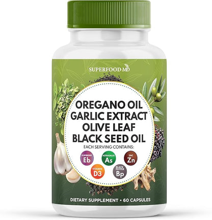 Superfood MD Oregano Oil Garlic Extract Olive Leaf Black Seed Oil Astragalus- for Women and Men- 60 Count