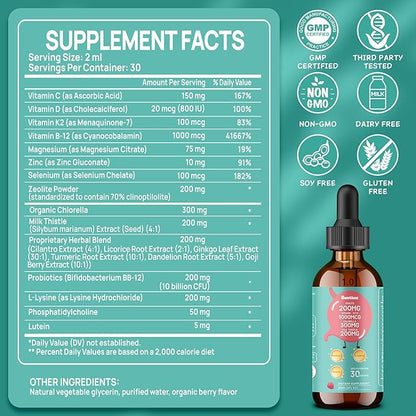 200mg Zeolite Detox for Kids & Adults, 20-in-1 Herbal Liquid with 300mg Chlorella, 200mg Milk Thistle, Cilantro, Vitamins & Probiotics Supports Speech, Cleanse, Immune & Gut Health, Berry Flavor, 60ML