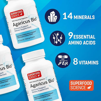 Agaricus Bio 600 mg, Natural Killer Cell Activity -USA-Grown Organic Agaricus Blazei Murill Mushroom for Immune Support, Liver & Cellular Health, High Beta Glucan Supplements, 60 Caps