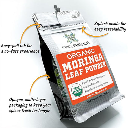 Spice Profile USDA Organic Moringa Powder, Lab Tested for Heavy Metals, Resealable 4 oz Pouch, Moringa Patta Powder, Polvo de Hoja de Moringa