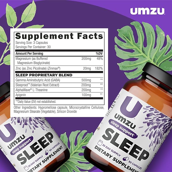 UMZU Magnesium Sleep Support Supplements with GABA and L-Theanine, Complete Body Relaxation and Mood Support, Non-Melatonin Formula - 180 Capsules