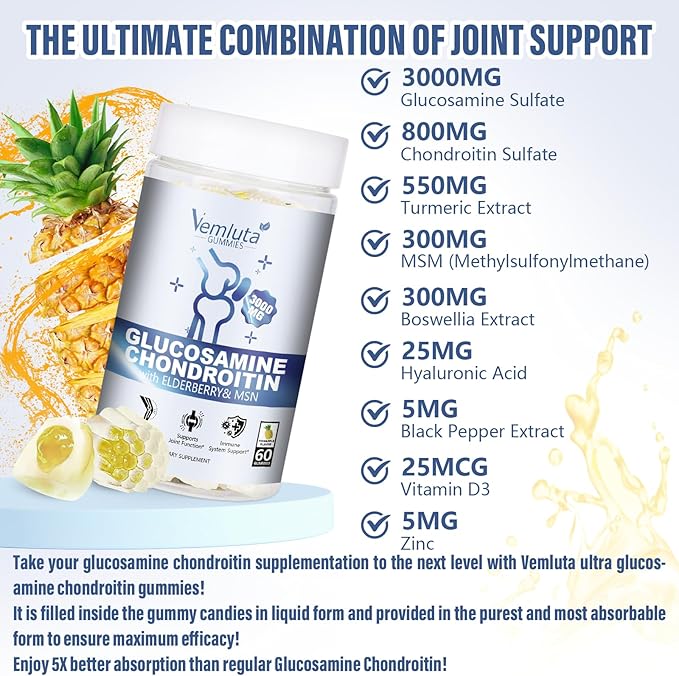 1 Pack Glucosamine Chondroitin Gummies - 3000MG Extra Strength Joint Support Supplement with MSM, Flexibility, Antioxidant Immune Support Gummy for Adults, Men & Women - 60 Cts