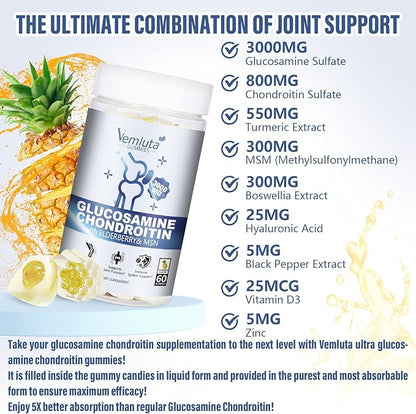 1 Pack Glucosamine Chondroitin Gummies - 3000MG Extra Strength Joint Support Supplement with MSM, Flexibility, Antioxidant Immune Support Gummy for Adults, Men & Women - 60 Cts
