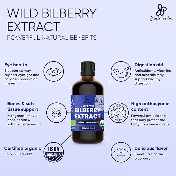 Wild Bilberry Extract for Eyes USDA Organic 3.4oz Bottle of Liquid Bilberry Anthocyanin Alcohol-Free European Blueberry Bilberry Supplement for Eyes High Bioavailability Liquid Extract
