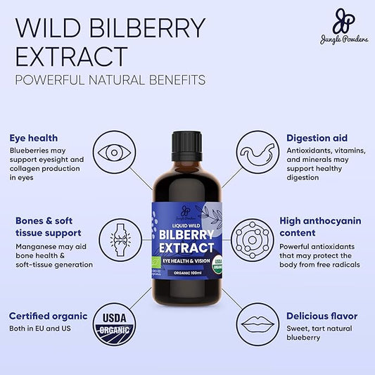 Wild Bilberry Extract for Eyes USDA Organic 3.4oz Bottle of Liquid Bilberry Anthocyanin Alcohol-Free European Blueberry Bilberry Supplement for Eyes High Bioavailability Liquid Extract