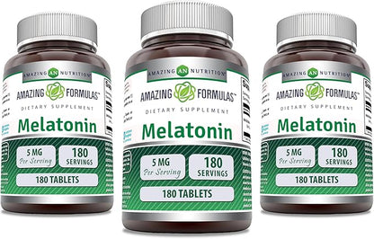 Amazing Formulas Melatonin 5 Mg Tablets Supplement | Non-GMO | Gluten Free | Made in USA (180 Count | 3 Pack)
