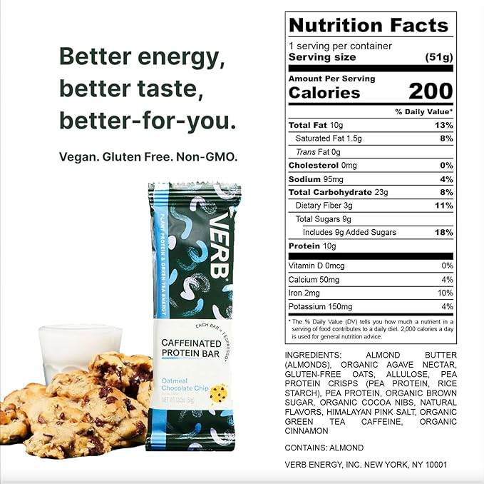 Verb Energy - Caffeinated Protein Bars Oatmeal Chocolate Chip 10g Plant Based Protein Bars High Protein - Vegan Snack - Gluten Free Breakfast Snack with Organic Green Tea, 51g (Pack of 12)