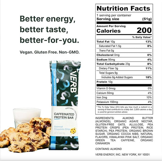 Verb Energy - Caffeinated Protein Bars Oatmeal Chocolate Chip 10g Plant Based Protein Bars High Protein - Vegan Snack - Gluten Free Breakfast Snack with Organic Green Tea, 51g (Pack of 12)