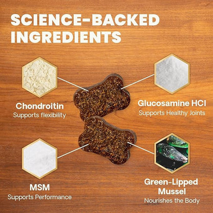 VetriScience GlycoFlex Ultimate Strength Healthy Hip & Joint Glucosamine Supplements for Dogs, with MSM, Chondroitin & Green-Lipped Mussel, Soft Chews, Bacon, 120 Count - New Look