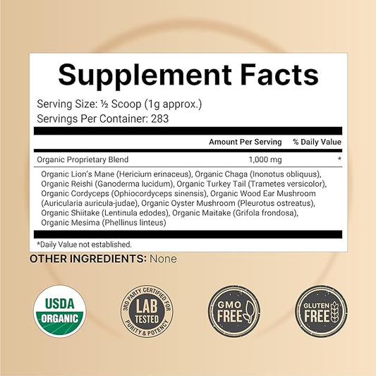 NatureBell Organic Mushroom Powder, 10oz | 10-in-1 Adaptogenic Blend with Lion’s Mane, Reishi, Shiitake, Chaga & More | Supports Energy, Focus & Immune Health | Great for Coffee, Smoothies & Recipes