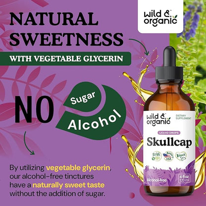Wild & Organic Skullcap Herb Tincture - Skullcap Supplement for Mood Support - Relaxing Liquid Extract Drops - Vegan, Sugar & Alcohol-Free - 4 fl oz