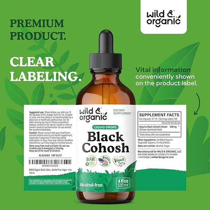 Wild & Organic Black Cohosh Tincture 540 mg - Herbal Supplements for Women - Black Cohosh Root Extract - 5-Month Supply - Vegan, Sugar & Alcohol-Free Liquid Drops - 4 fl oz