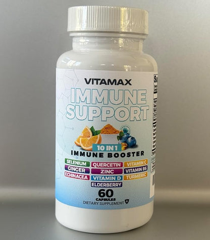 10-in-1 Immune System Support Booster with Elderberry, D3, Selenium, Quercetin, Zinc, Vitamin C, Ginger, Turmeric Curcumin, B6, Echinacea – Natural Immune Defense – Made in USA (60 Count (Pack of 1))
