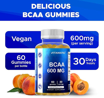 Vitamatic BCAA Gummies - Branch Chain Amino Acid Supplements - Peach Flavor - 600mg per Serving - 60 Vegan Pectin Based Gummies (2 Bottles)