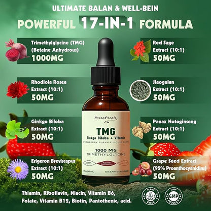 TMG Supplements 1000MG Liquid - 16-in-1 Trimethylglycine for Liver, Energy & Methylation Support - w/Ginkgo Biloba & Vitamins - Vegan High Absorption - Strawberry Flavor 1 Fl.Oz (2 Pack)
