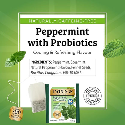 Twinings Superblends Peppermint with Probiotics Herbal Tea, 18 Count (Pack of 6), Naturally Caffeine-FreeEnjoy Hot or Iced, 96 Teabags