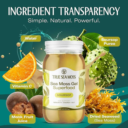TrueSeaMoss Sea Moss Gel – Made in USA – Wildcrafted Seamoss, Fresh Fruits & Sea Vegetables – Soursop, Pack of 1 (Labels may Vary)
