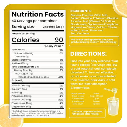 Vitalyte Electrolyte Powder Drink Mix, Isotonic Electrolyte Hydration Mix, Gluten Free Post Workout Powder Mix, Pack of 1, 35 oz., Lemon Flavor