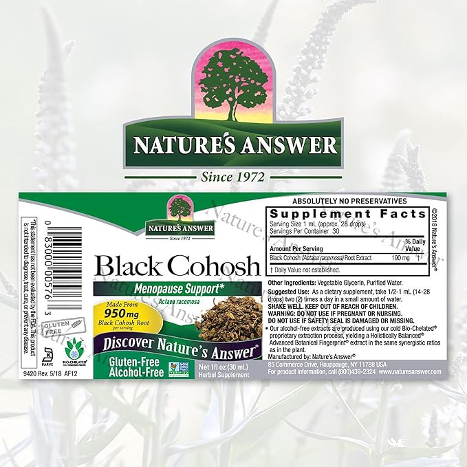 Nature's Answer Organic Alcohol Free Black Cohosh Extract 1 Ounce for Menopause Support - Kosher, Gluten-Free Menopause Hot Flashes - Supplements for Women, USA Made