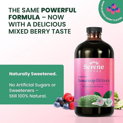 Soursop Bitters Liquid - Organic Herbal Sour Sop Guanabana with Black Seed, Moringa, Irish Moss & Ginger – Gut Support, Energy & Immune Boost – Vegan, Non-GMO – Mixed Berry Flavor – 16 oz