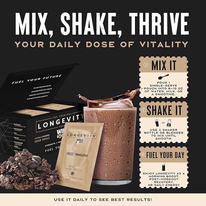 WILD SOCIETY Longevity Shake - Anti Aging Supplement - Protein Powder for Muscle Retention & Recovery, with Whey Isolate, Collagen & Creatine | Cacao Royale, 15 Servings