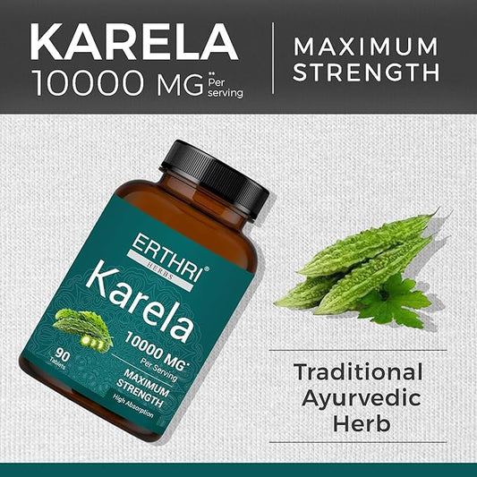 100% Natural Karela (Bitter Melon) Tablets 10000mg- 90 Count, Natural Bitter Gourd Supplement, Non-GMO, Vegan, No Added Preservatives or Artificial Ingredients- 90 Count (Pack of 1)